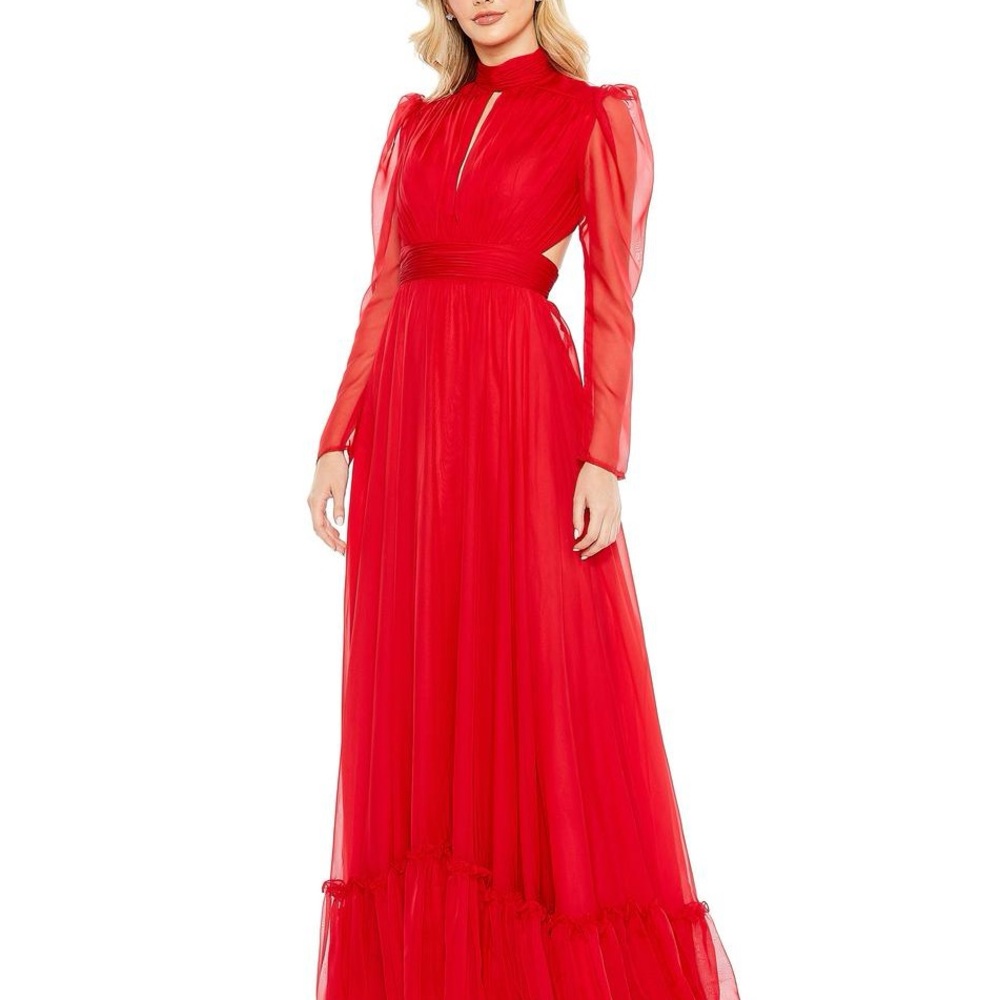 Mac Duggal #68400 size‎ 2 Red lace up back high neck evening gown